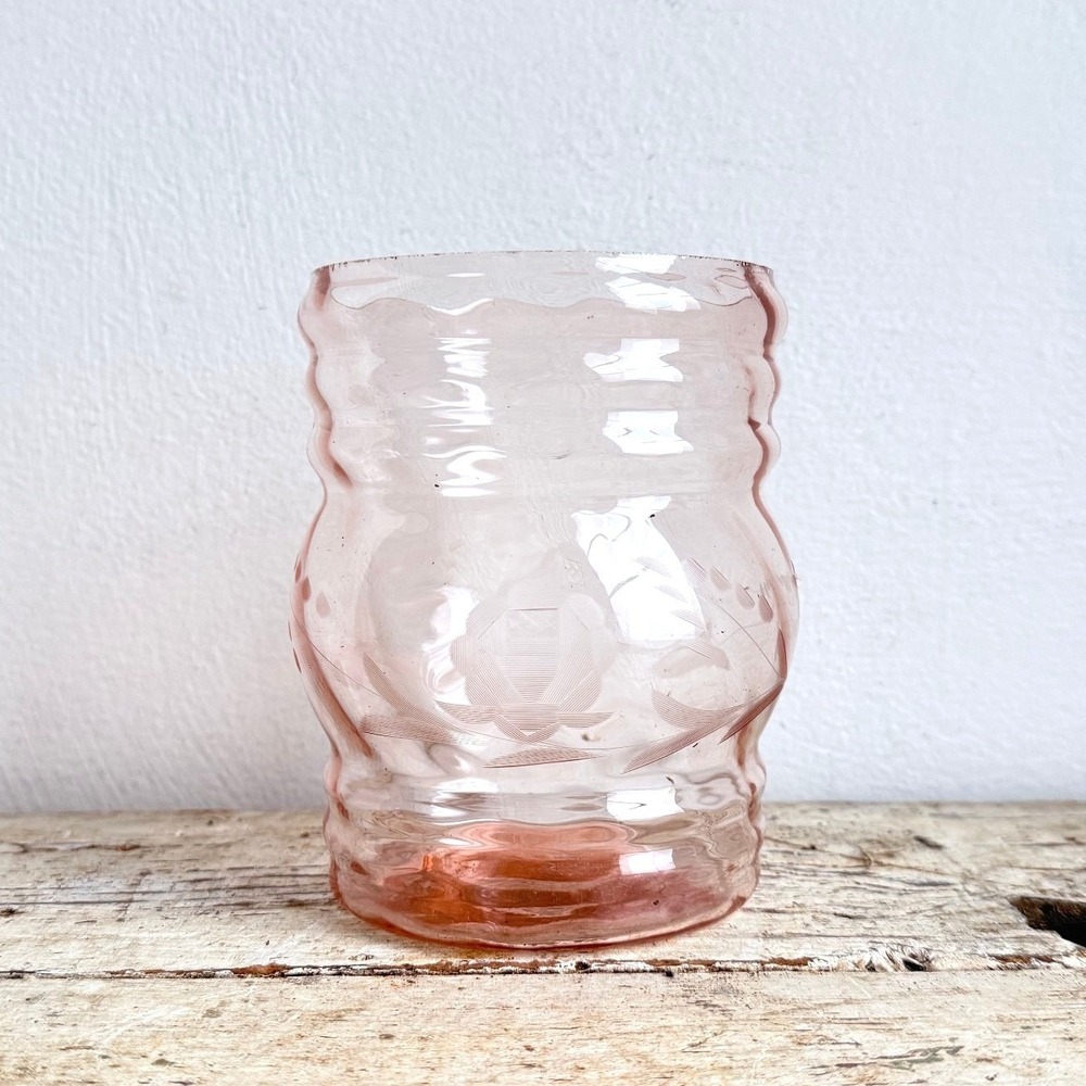 Vintage Pink Depression Glass Vase Etched Rose Floral Rippled Bulbous 6.5" CSGE